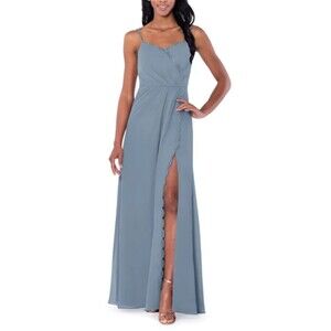 Azazie NWT Tegan Slate Blue Chiffon & Eyelash Lace Long A-line Gown, Size 4